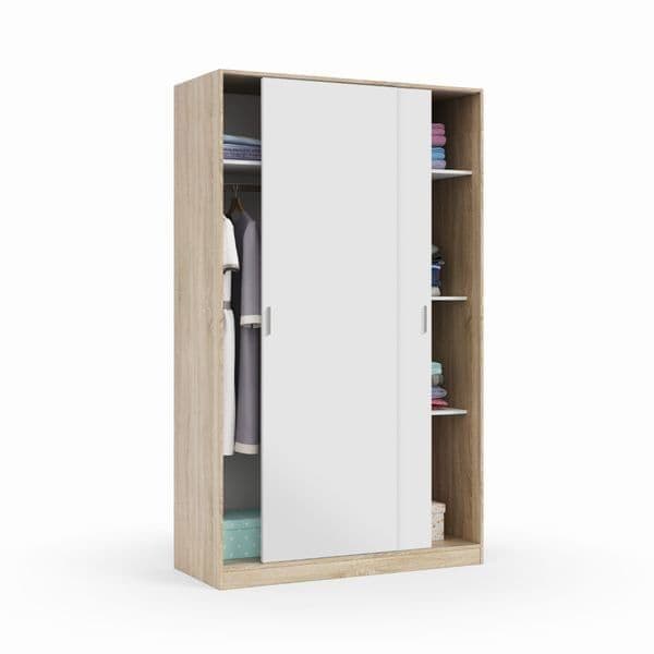 Chic arctic white and oak effect sliding wardrobe with 2 doors, hanging rail, and 5 internal compartments. Perfect for maximising space in smaller rooms.