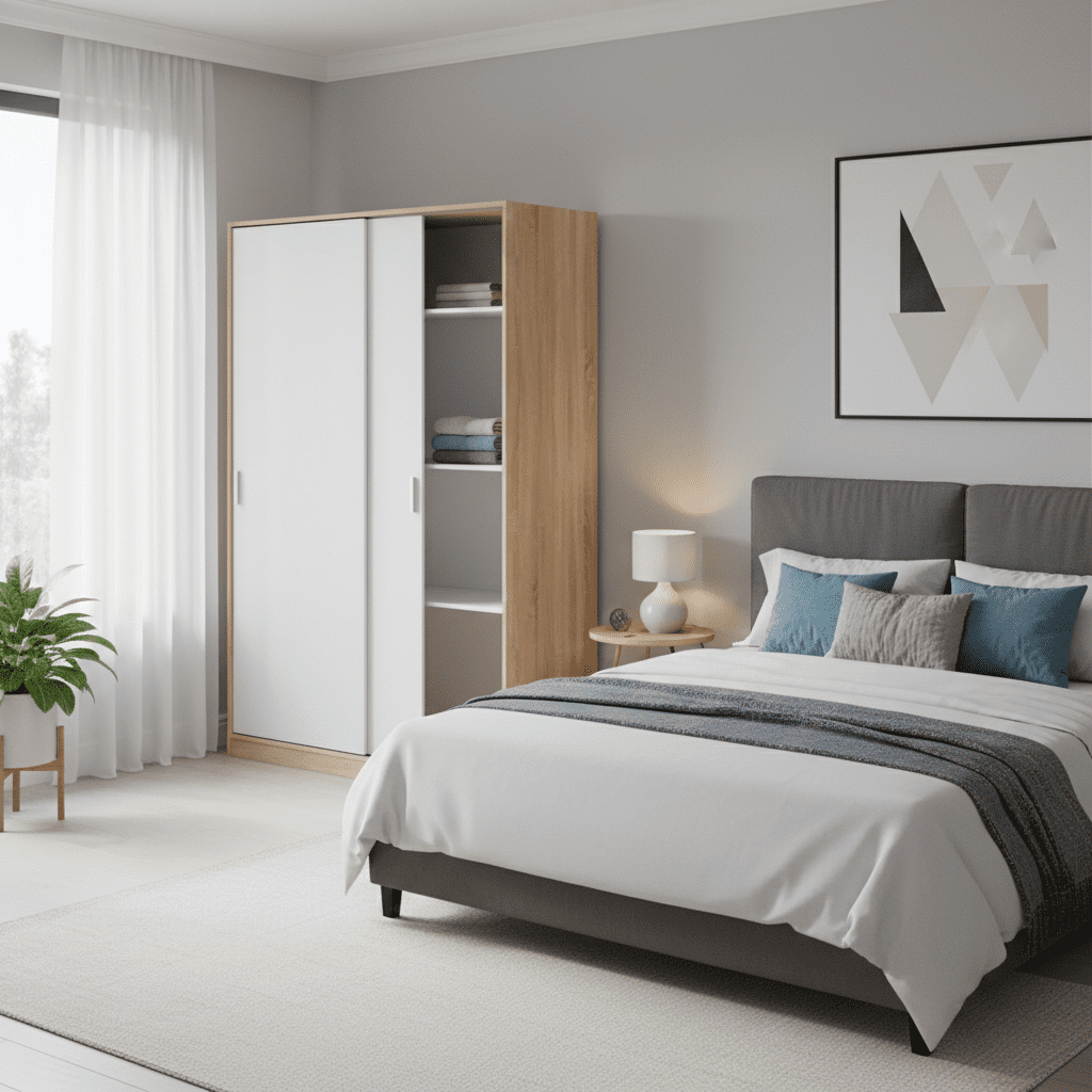 Chic arctic white and oak effect sliding wardrobe with 2 doors, hanging rail, and 5 internal compartments. Perfect for maximising space in smaller rooms.