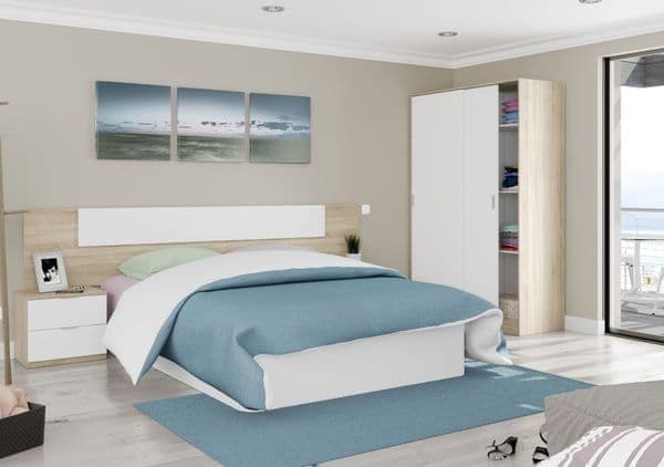 Chic arctic white and oak effect sliding wardrobe with 2 doors, hanging rail, and 5 internal compartments. Perfect for maximising space in smaller rooms.