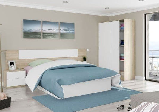 Chic arctic white and oak effect sliding wardrobe with 2 doors, hanging rail, and 5 internal compartments. Perfect for maximising space in smaller rooms.