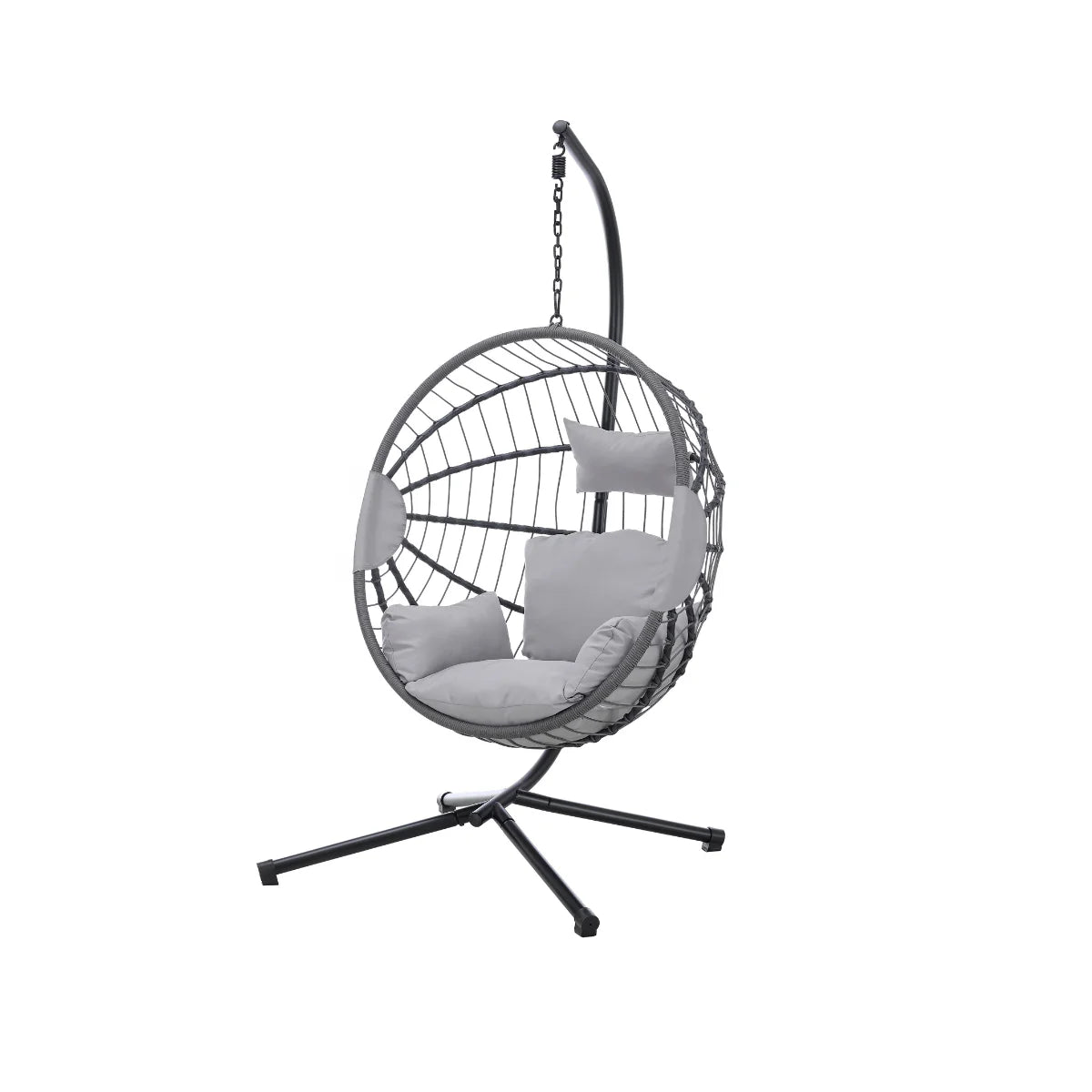Furnish365 hanging rattan chair with PE weave and light grey cushions in a modern garden setting