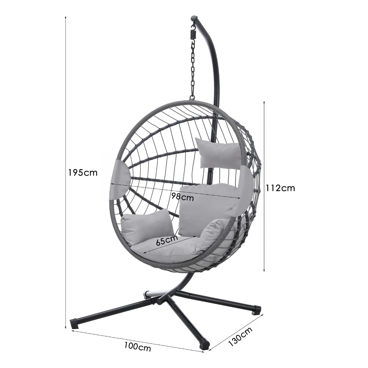 Furnish365 hanging rattan chair with PE weave and light grey cushions in a modern garden setting