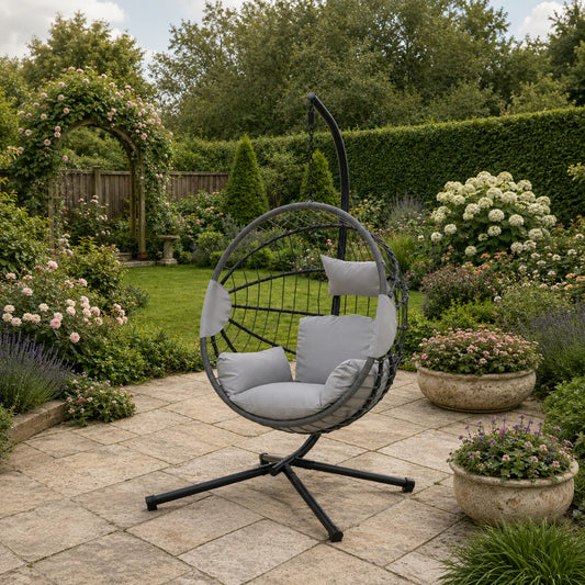 Furnish365 hanging rattan chair with PE weave and light grey cushions in a modern garden setting
