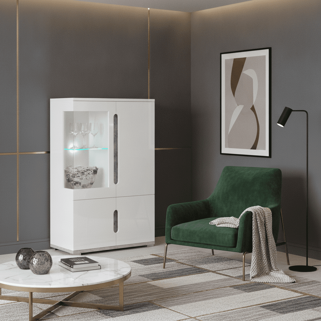 Amos Mann Furniture Elise white gloss and grey display cabinet with LED lights in a modern living room setting