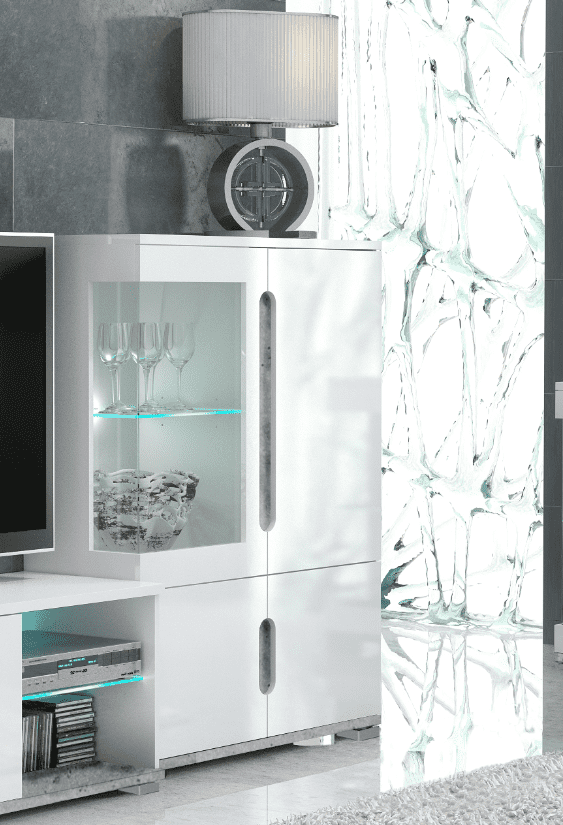Amos Mann Furniture Elise white gloss and grey display cabinet with LED lights in a modern living room setting