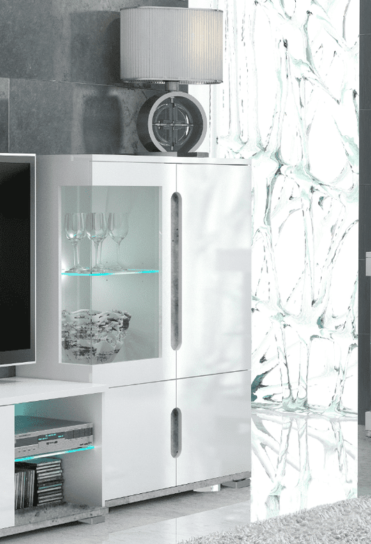 Amos Mann Furniture Elise white gloss and grey display cabinet with LED lights in a modern living room setting