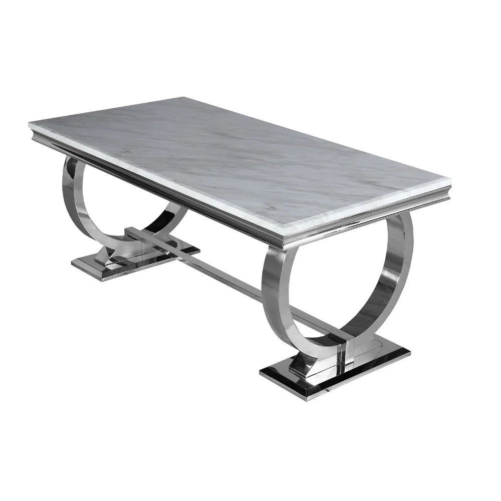 	Furnish365 Arriana 1.8m marble dining table with polished stainless steel base in a modern dining room setting