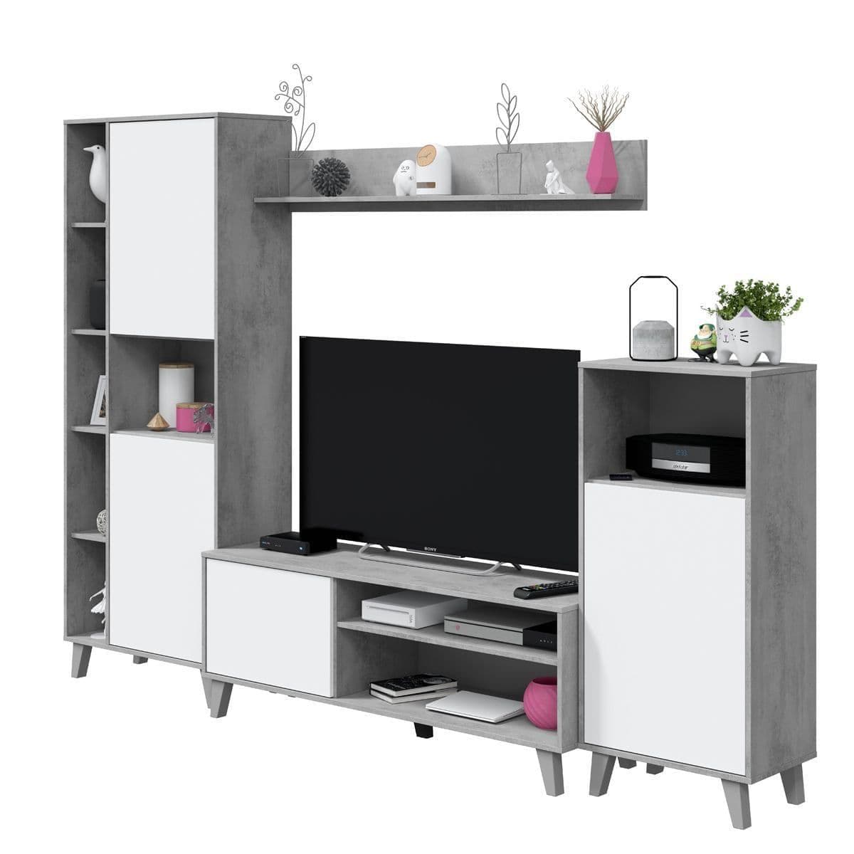 Amos Mann Furniture Eriksen white and concrete grey TV wall unit in a modern living room setting