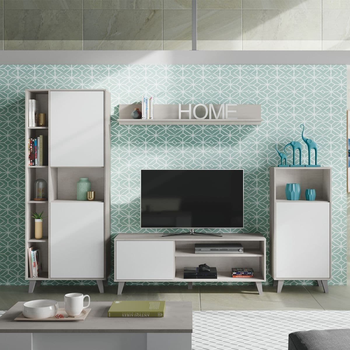 Amos Mann Furniture Eriksen white and concrete grey TV wall unit in a modern living room setting