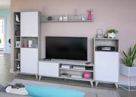 Amos Mann Furniture Eriksen white and concrete grey TV wall unit in a modern living room setting