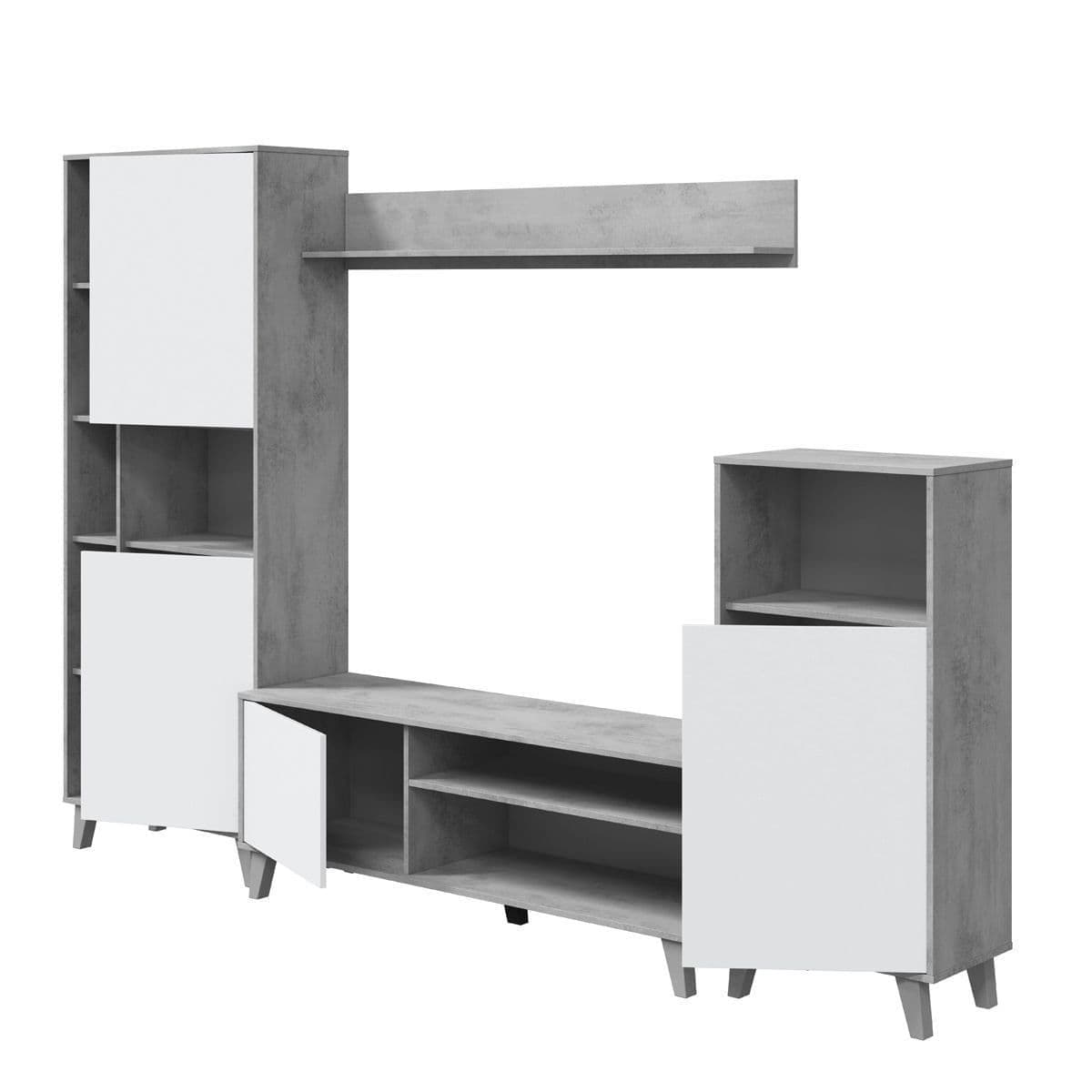 Amos Mann Furniture Eriksen white and concrete grey TV wall unit in a modern living room setting