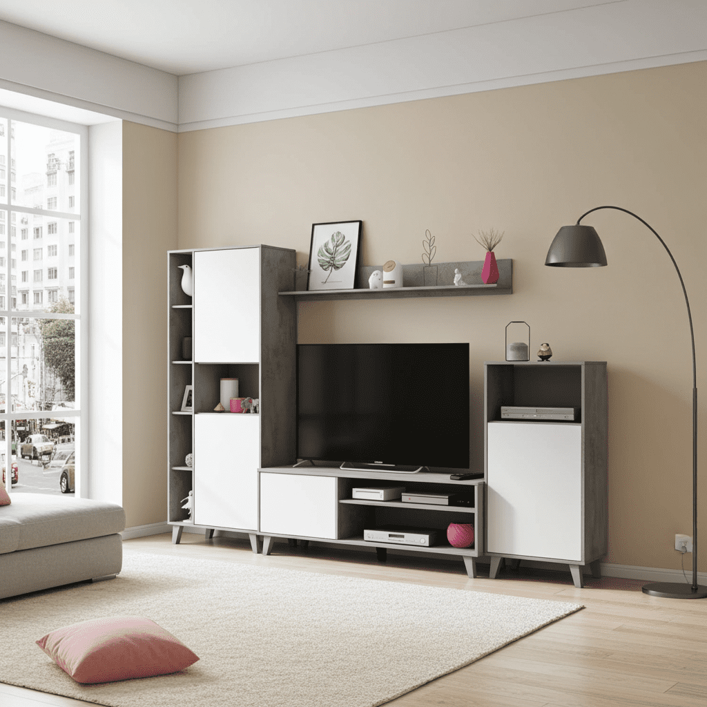Amos Mann Furniture Eriksen white and concrete grey TV wall unit in a modern living room setting
