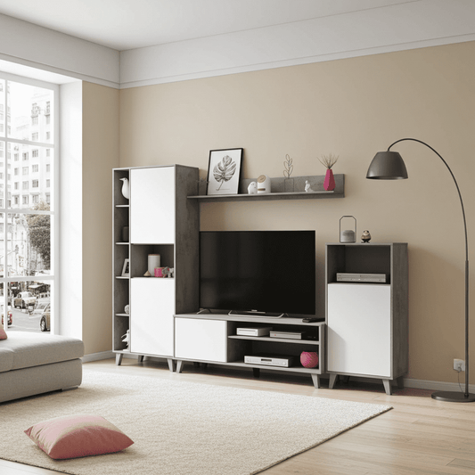 Amos Mann Furniture Eriksen white and concrete grey TV wall unit in a modern living room setting