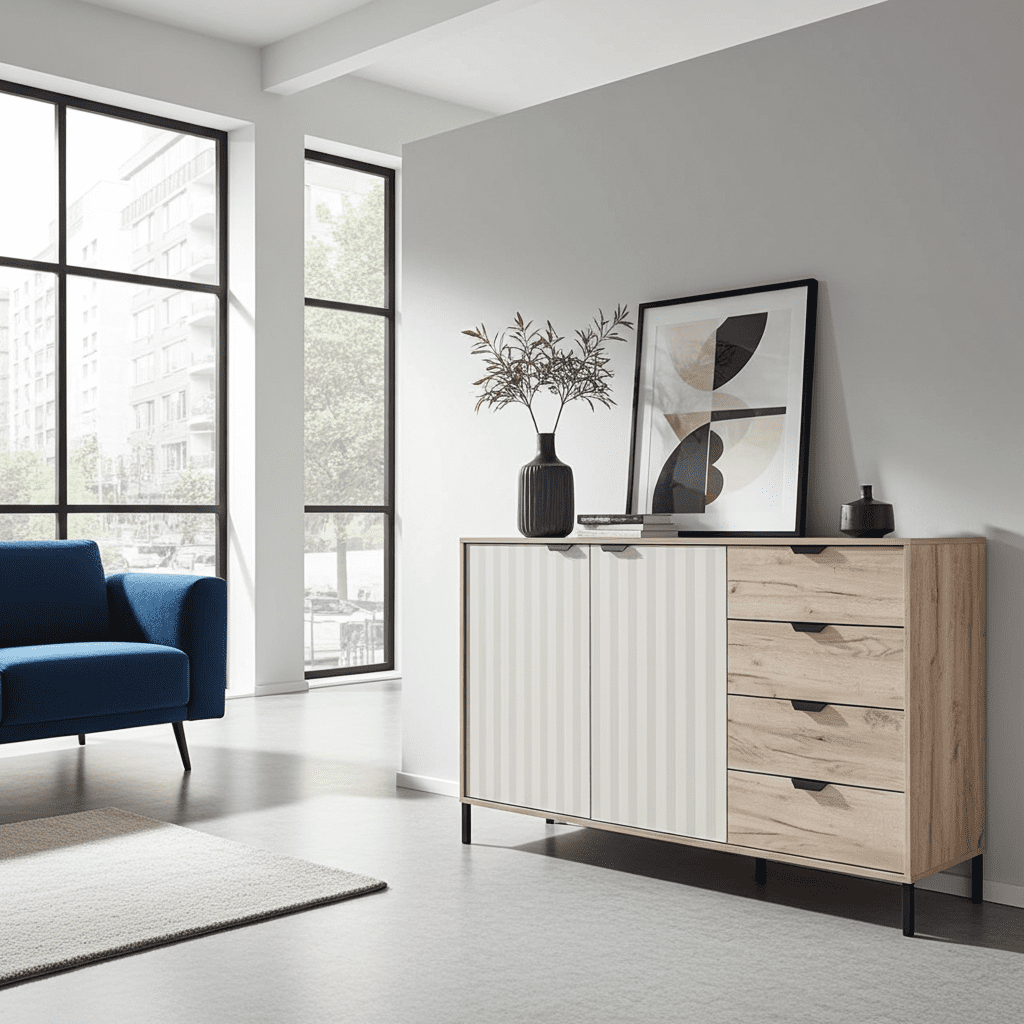 Amos Mann Furniture Evandria grey oak and cashmere slatted sideboard in a modern living room setting