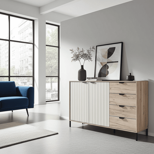 Amos Mann Furniture Evandria grey oak and cashmere slatted sideboard in a modern living room setting
