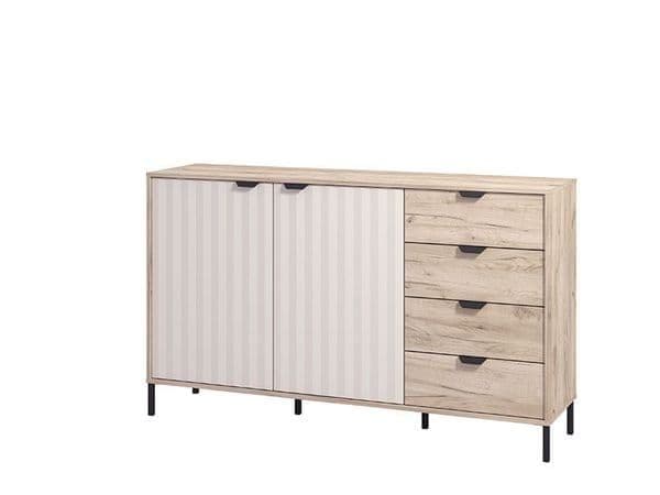 Amos Mann Furniture Evandria grey oak and cashmere slatted sideboard in a modern living room setting