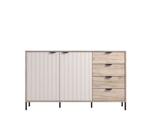 Amos Mann Furniture Evandria grey oak and cashmere slatted sideboard in a modern living room setting