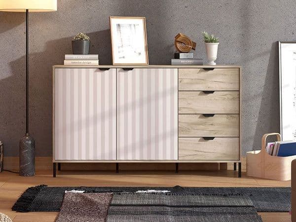 Amos Mann Furniture Evandria grey oak and cashmere slatted sideboard in a modern living room setting
