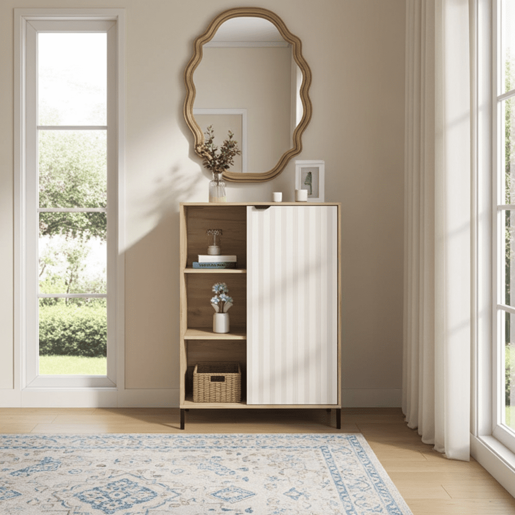 Amos Mann Furniture Evandria grey oak and cashmere short sideboard in a modern hallway setting