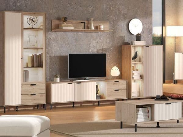 Amos Mann Furniture Evandria grey oak and cashmere short sideboard in a modern hallway setting