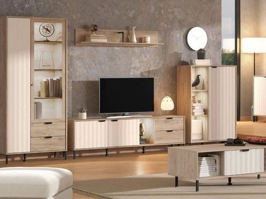 Amos Mann Furniture Evandria grey oak and cashmere short sideboard in a modern hallway setting