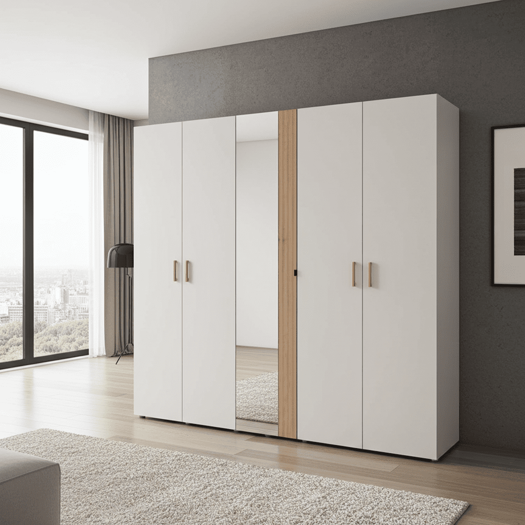 Amos Mann Furniture Granada cashmere and oak effect mirrored 5 door wardrobe in a modern bedroom setting