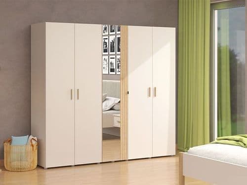 Amos Mann Furniture Granada cashmere and oak effect mirrored 5 door wardrobe in a modern bedroom setting