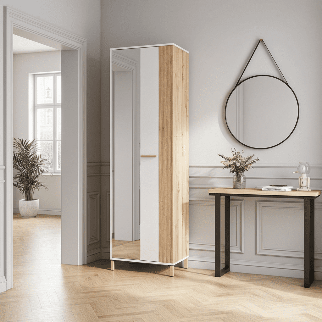 Amos Mann Furniture Granada cashmere and oak effect slim narrow wardrobe in a modern bedroom setting