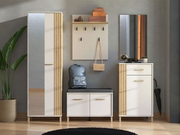 Amos Mann Furniture Granada cashmere and oak effect slim narrow wardrobe in a modern bedroom setting