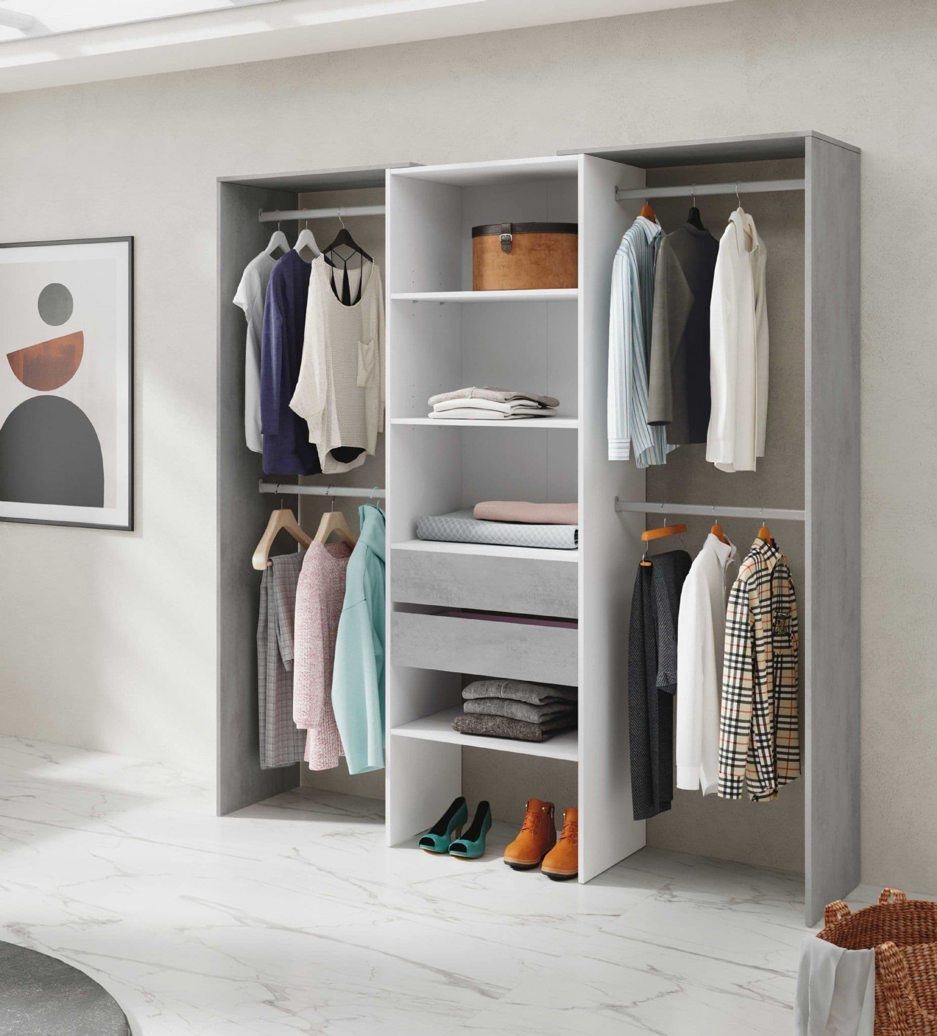 Amos Mann Furniture Guadalupe concrete grey and white open door wardrobe in a modern bedroom setting