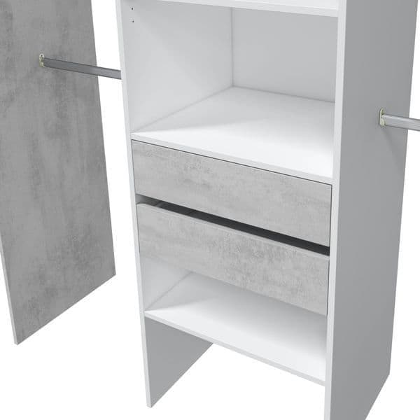 Amos Mann Furniture Guadalupe concrete grey and white open door wardrobe in a modern bedroom setting