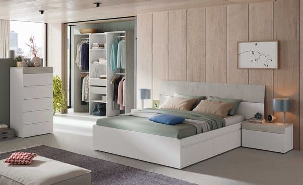 Amos Mann Furniture Guadalupe concrete grey and white open door wardrobe in a modern bedroom setting