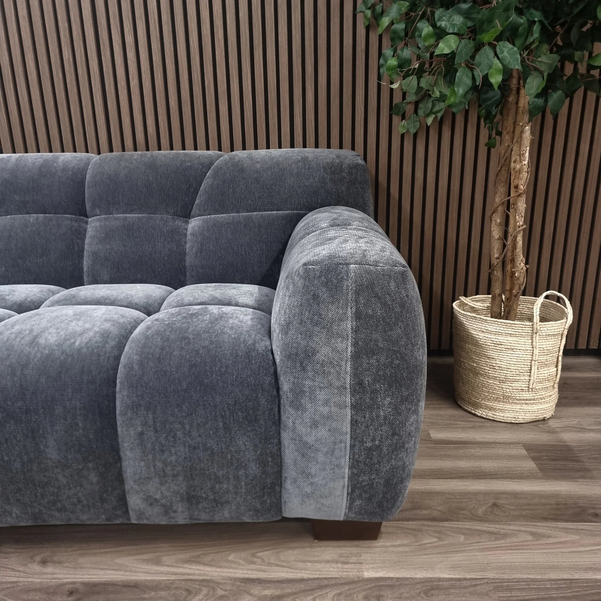 Furnish365 Harlem steel mermaid fabric sofa range in a modern living room setting