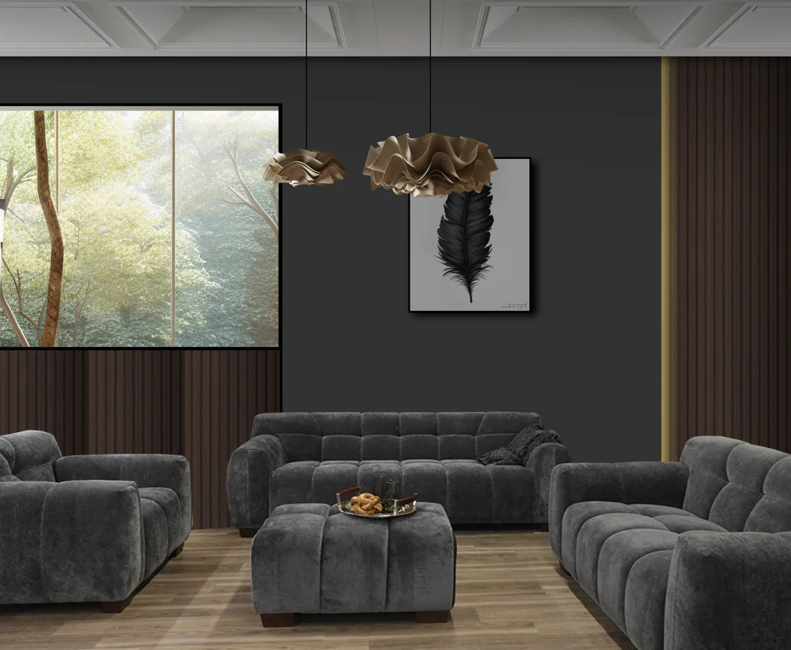 Furnish365 Harlem steel mermaid fabric sofa range in a modern living room setting