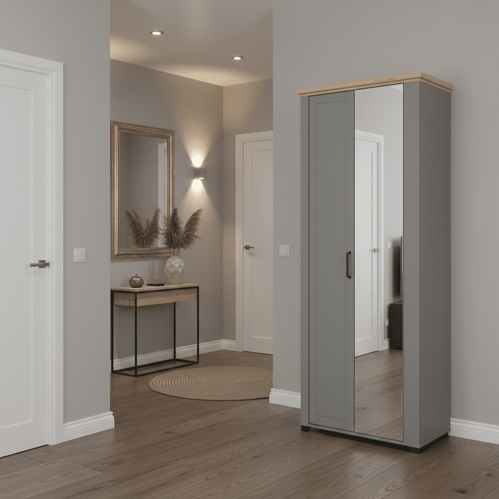 Versatile graphite grey and oak slim mirrored wardrobe with pullout hanging rail and 3 shelves. Space-saving design perfect for any bedroom.