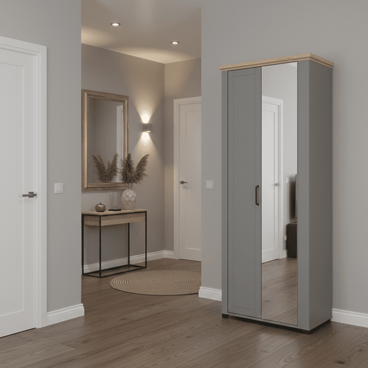 Versatile graphite grey and oak slim mirrored wardrobe with pullout hanging rail and 3 shelves. Space-saving design perfect for any bedroom.