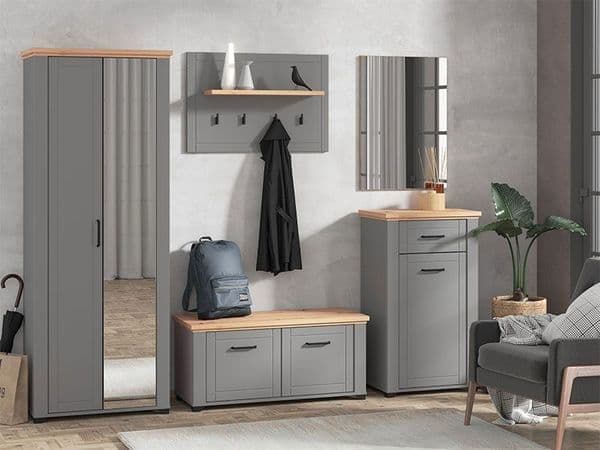 Versatile graphite grey and oak slim mirrored wardrobe with pullout hanging rail and 3 shelves. Space-saving design perfect for any bedroom.