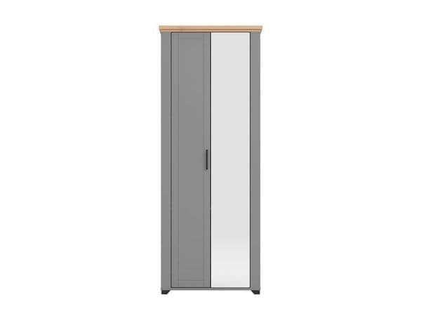 Versatile graphite grey and oak slim mirrored wardrobe with pullout hanging rail and 3 shelves. Space-saving design perfect for any bedroom.