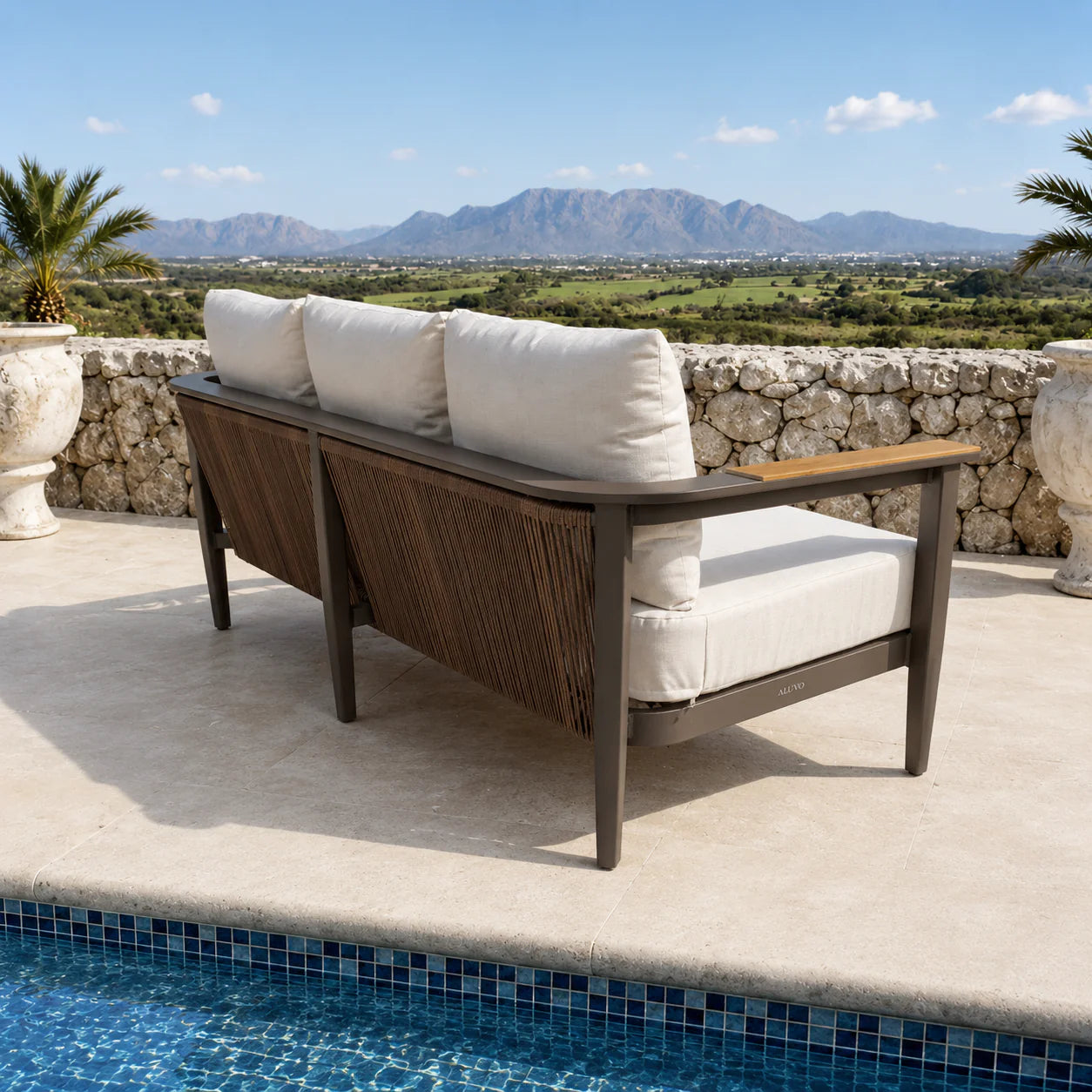 Furnish365 Hemera 5 seater outdoor lounge set with PS slatted wood table and aluminium frame in a modern garden setting