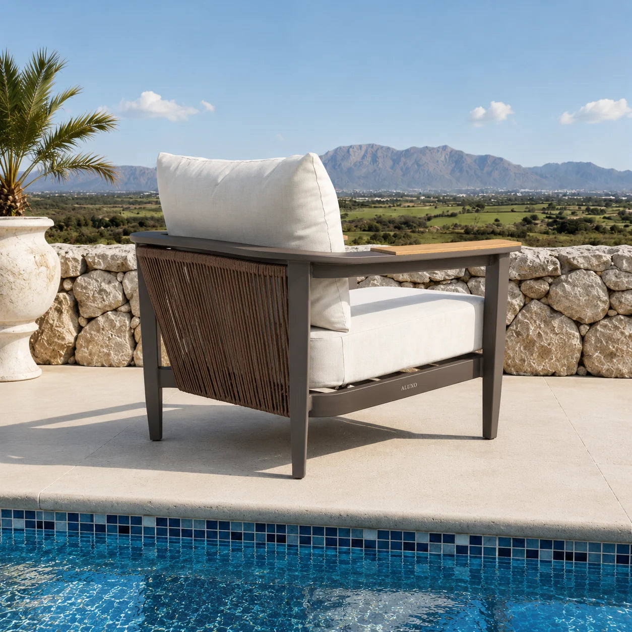 Furnish365 Hemera 5 seater outdoor lounge set with PS slatted wood table and aluminium frame in a modern garden setting