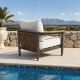 Furnish365 Hemera 5 seater outdoor lounge set with PS slatted wood table and aluminium frame in a modern garden setting