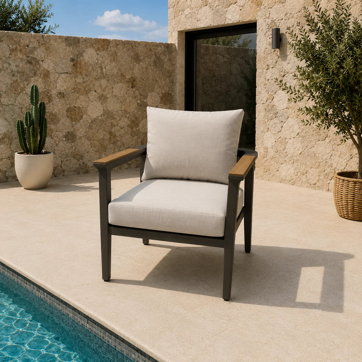 Furnish365 Hemera 6 seater outdoor dining set with PS slatted wood table and aluminium frame in a modern garden setting
