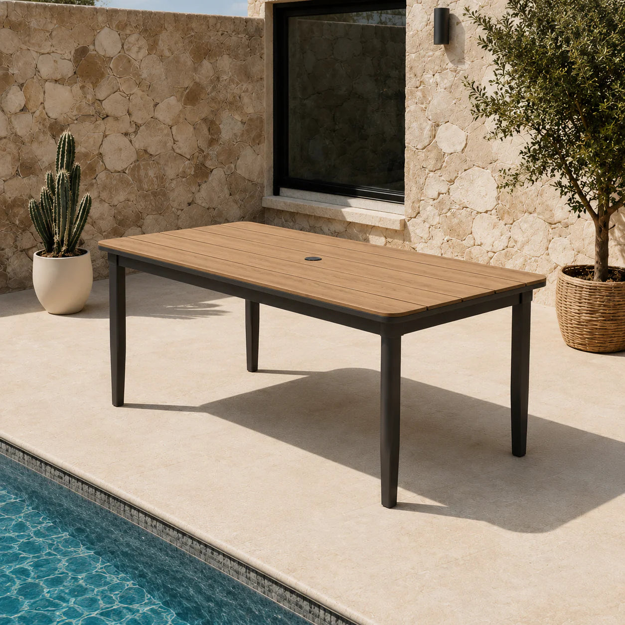 Furnish365 Hemera 6 seater outdoor dining set with PS slatted wood table and aluminium frame in a modern garden setting