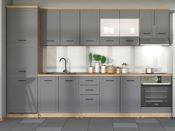 Amos Mann Furniture Hudson grey and oak tall kitchen larder unit in a modern kitchen setting