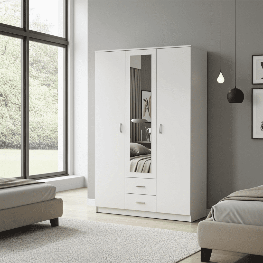 Amos Mann Furniture Kano white 3 door wardrobe with mirrored centre door in a modern bedroom setting