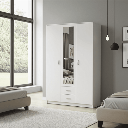 Amos Mann Furniture Kano white 3 door wardrobe with mirrored centre door in a modern bedroom setting