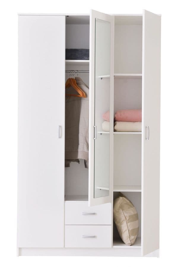 Amos Mann Furniture Kano white 3 door wardrobe with mirrored centre door in a modern bedroom setting