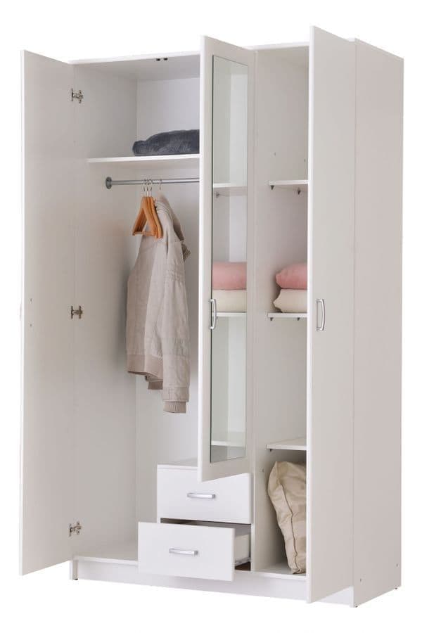 Amos Mann Furniture Kano white 3 door wardrobe with mirrored centre door in a modern bedroom setting