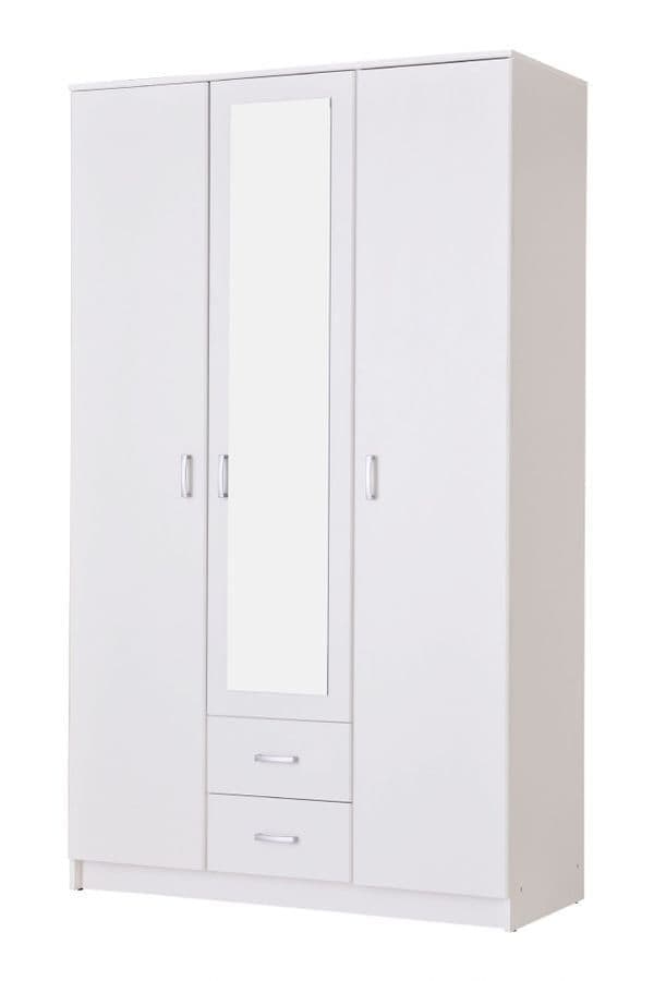 Amos Mann Furniture Kano white 3 door wardrobe with mirrored centre door in a modern bedroom setting