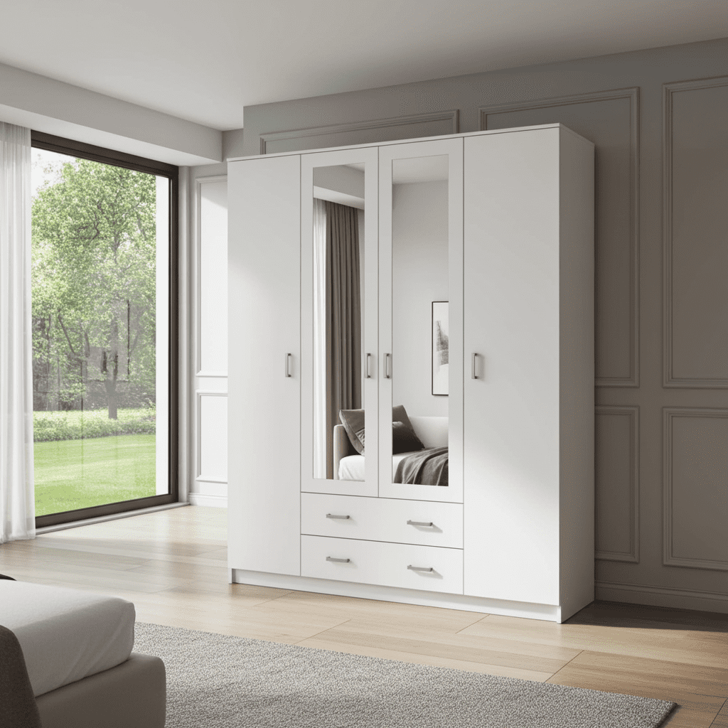 Amos Mann Furniture Kano white 4 door mirrored wardrobe in a modern bedroom setting